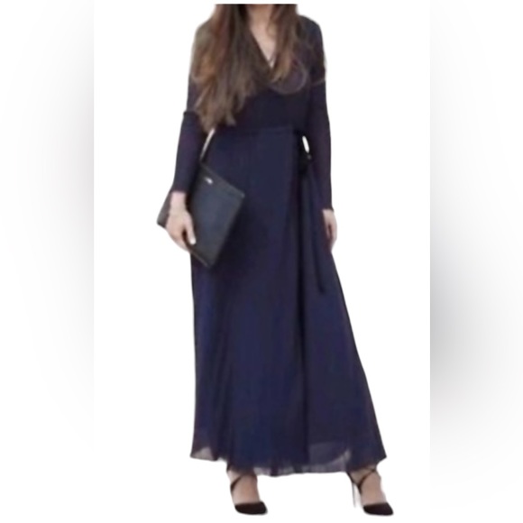 Zara Long sleeve knit wrap dress navy with black trim/tie waist maxi size small - Picture 7 of 7